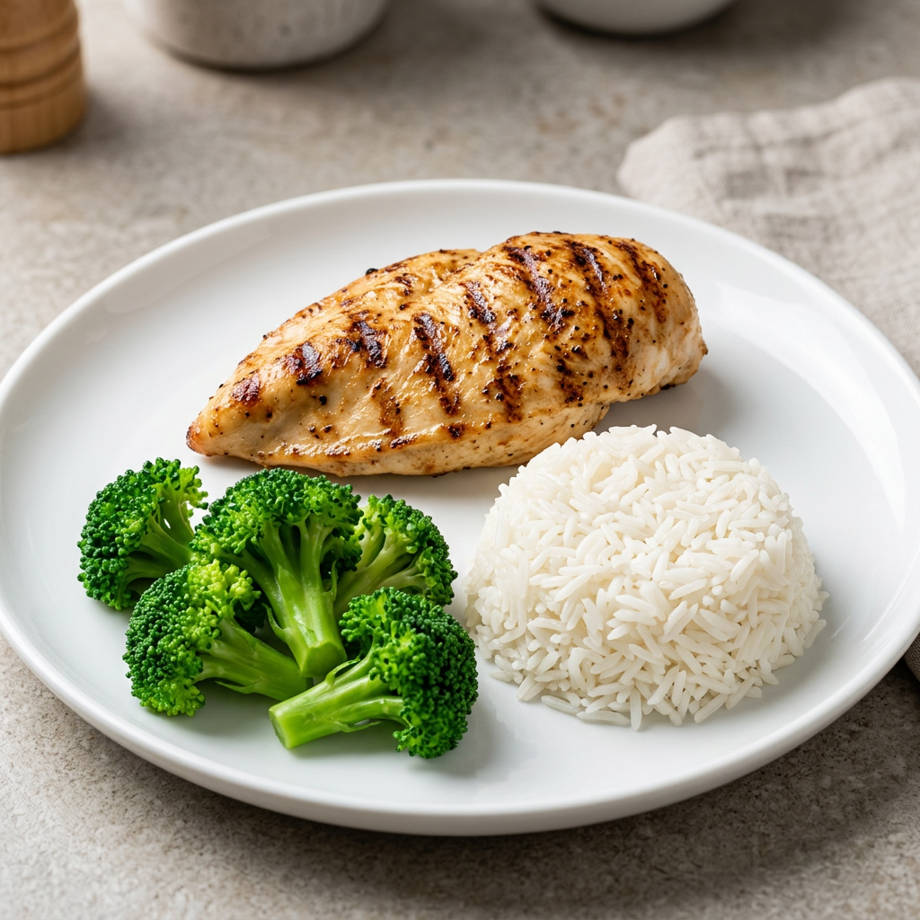 Chicken, rice and broccoli with adjusted portions